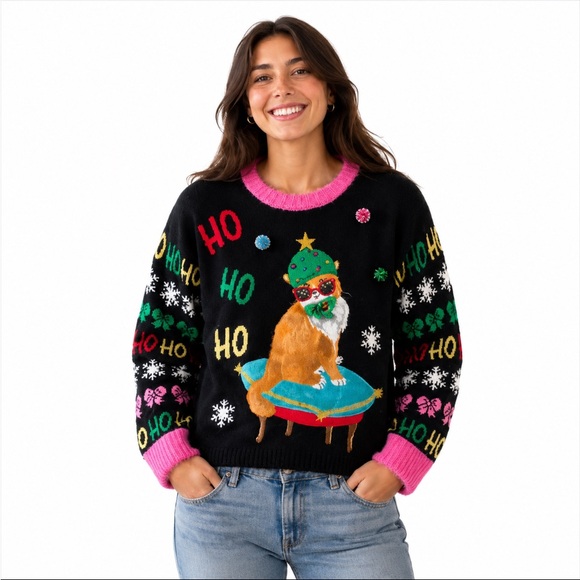 JOLLIDAYS Sweaters - JOLLIDAYS Holiday Cat Graphic Sweater with Pink Trim Size Large